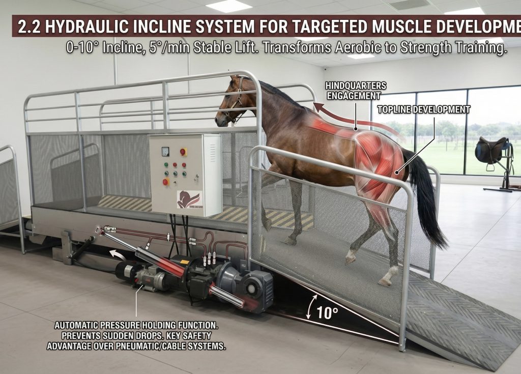 Hydraulic incline horse treadmill system demonstrating 0-10 degree lift for targeted muscle development and strength training
