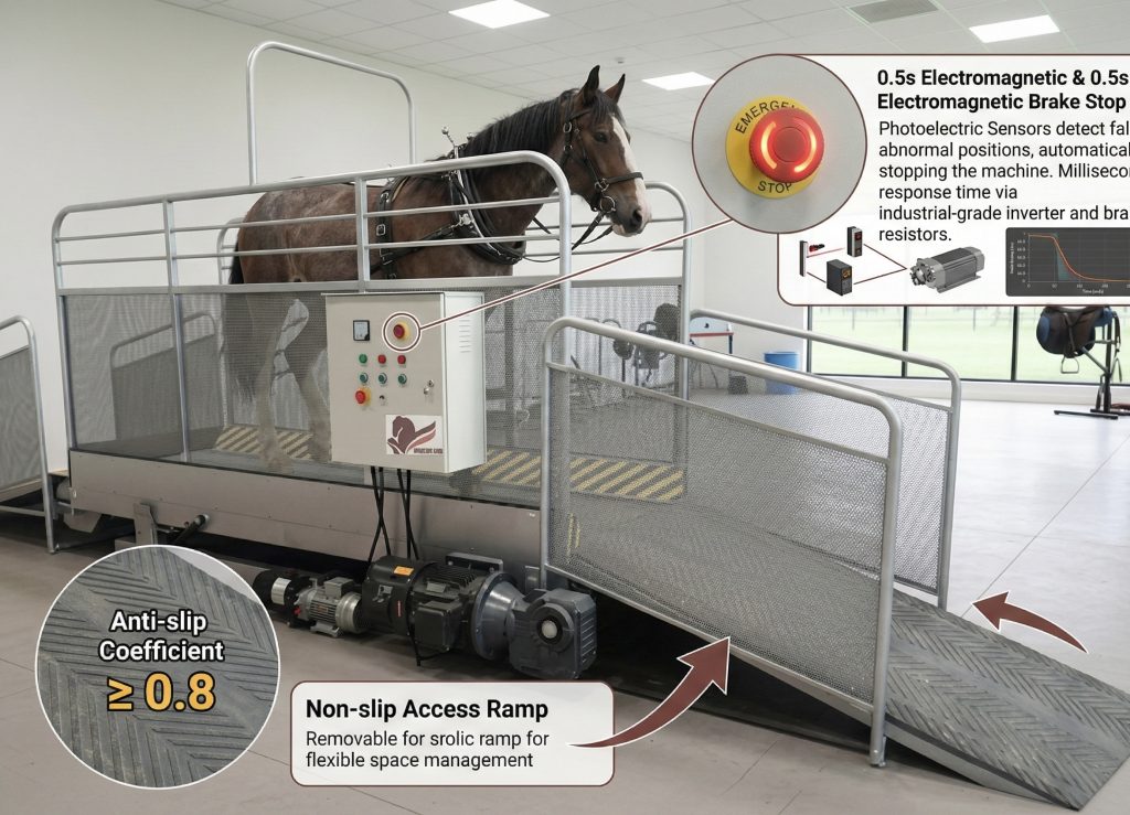 Horse treadmill safety features diagram showing emergency stop sensors and non-slip access ramp with high traction rubber